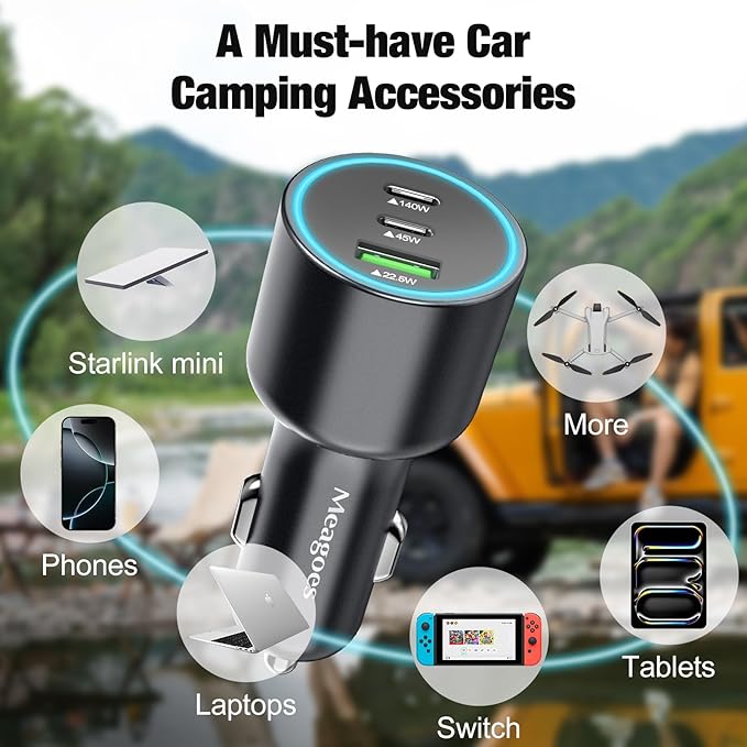 140W USB C Car Charger, Super Fast Charging for iPhone 17 Pro Max/16/MacBook Pro/Air/Samsung S26, Drone, Laptop, Starlink Mini, PD3.1 & PPS 45W Type C Cigarette Lighter Adapter with 100W E-Mark Cord