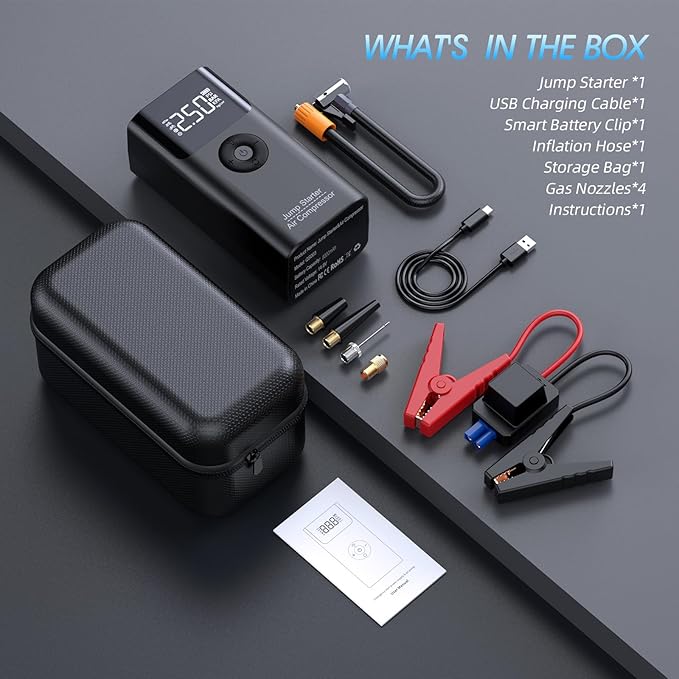 Jump Starter with Air Compressor, LERTIN 2500A 150PSI Portable Car Battery Jump Starter Pack, 12V Jump Box with USB Fast Charge, for up to 9.0 Gas/8.0L Diesel Engine, 3 Modes Lights/Large LCD Display