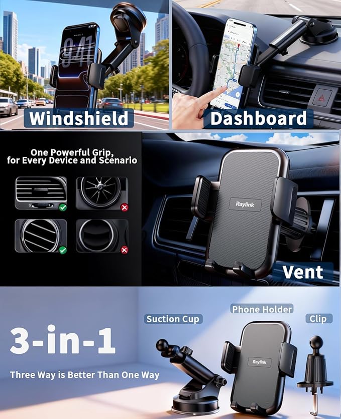 RayLink【2026 True Military-Grade Car Phone Holder【Upgraded Strongest Suction & Clip】 Universal Cell Phone Mount Truck Stand for Dashboard Windshield Vent for iPhone 17 Pro Max 16 15 Samsung