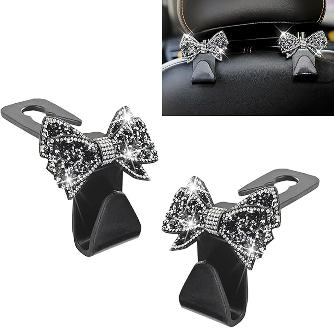 2PCS Bling Car Headrest Hook, Crystal Rhinestone Cute Bow Vehicle Seat Back Hook, PVC Multi-Functional Hook for Handbags Shopping Bags Wallet, Universal for Most Vehicles (Black)