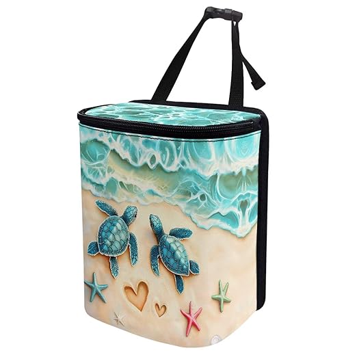 KEIAHUAN Beach Theme Sea Turtle Hanging Car Trach Can for Back Seat Automotive Garbage Container Bin Large Capacity Portable Grocery Organizer Bag with Lid for Snacks, Drinks, and widget