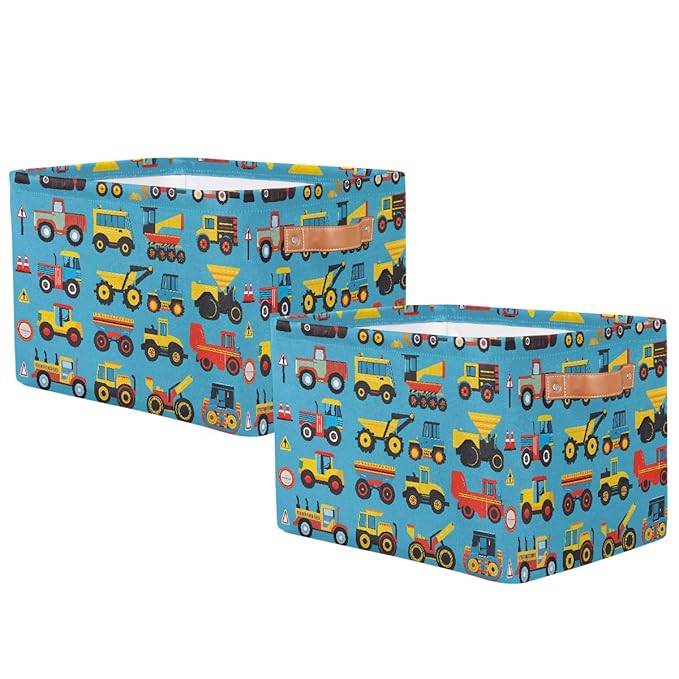 Cartoon Construction Storage Baskets for Organizing, Fabric Collapsible Storage Bins Box Cars Tractors Bulldozers Decorative Toy Organizer Baskets for Closet Shelves Gift Basket 2Pcs