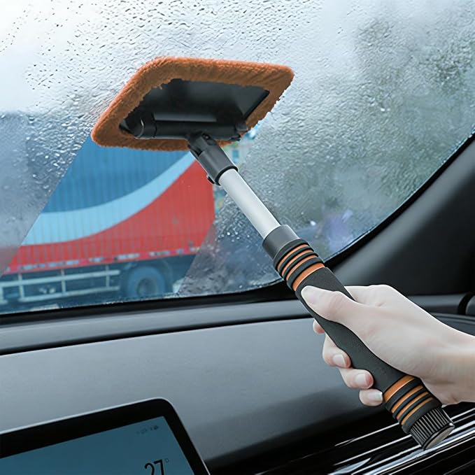 HZEL Car Windshield Cleaner Tool with Extendable Handle, Vehicle Glass Wiper Window Cleaning Tool with 2 Reusable Microfiber Pad, Auto Windscreen Detailing Cleaner Kit, Universal Fit (Square Orange)