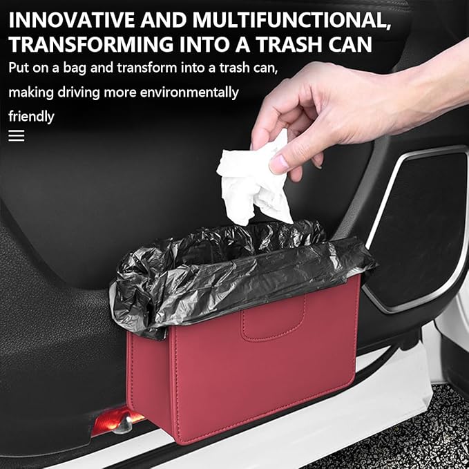 Car Trash Can, Leather Auto Garbage Bin, Magnetic Litter Storage Container, Mini Portable Foldable Vehicle Interior Hanging Dustbin Accessories, Universal for SUV, Truck, RV（Wine Red）