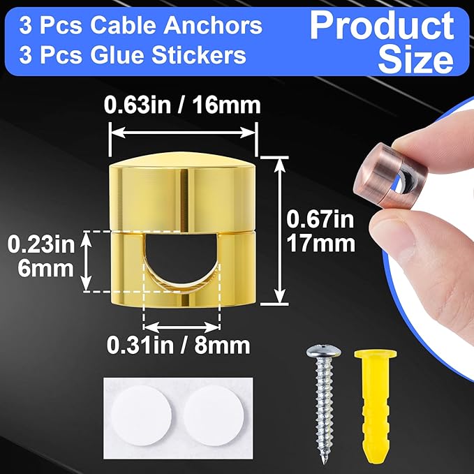 SmallCat 3 Sets Charger Holders for Cords, Adjustable Cable Anchor Holders, Adhesive Metal Cord Clips, Cable Management Wire Organizers for Desk, Office, Nightstand - Gold, Red Bronze, Silver
