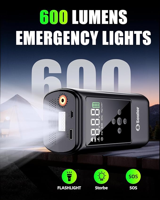 Jump Starter with Air Compressor, 6000A Car Battery Jumper Starter with 160 PSI Tire Inflator Portable, LED Display for 10L Diesel All Cars Engines, Jumper Cables and Light