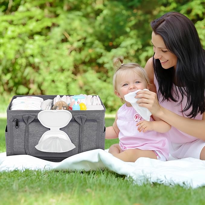 Diaper Caddy with Wipe Dispenser One-Handed Access, Premium Diaper Organizer, Portable Car Organizer Nursery Basket for Newborn Essentials, Baby Registry Must Haves for Boys & Girls,Grey