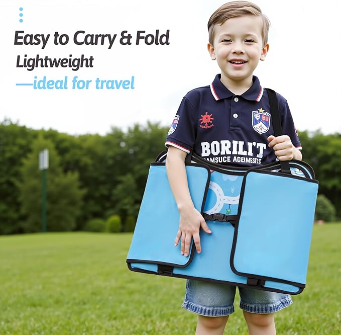 OUOZZZ Kids Travel Tray for Car - Boy's Safety Seat Table, Toddler Road Trip Essentials - Carseat/Airplane Lap Desk with Weight-Relief Strap, Non-Skid Silicone Base, Waterproof Dining/Craft Mat