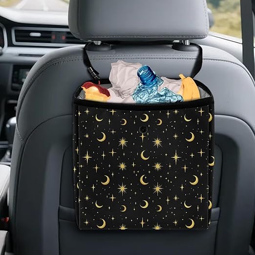 Moon Stars Starry Night Pattern Garbage Bag and Water Resistant Trash Can for Car, Leakproof Trash Can for SUV Truck Car Accessories