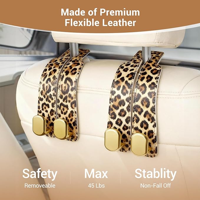 2 Pack Purse Hook for Car Headrest, Car Seat Back Storage Hook for Purses and Bags, Car Back Seat Headrest Purse Holder, Hanger Storage Organizer (Leopard)