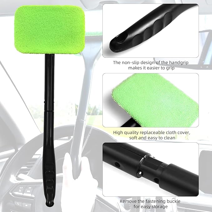 Car Windshield Cleaning Tool, Microfiber Auto Window Cleaner Set with 2 Washable & Reusable Cloth Pad Head, Long Handle and Spray Bottle, Universal Glass Wiper Cleaning Kit