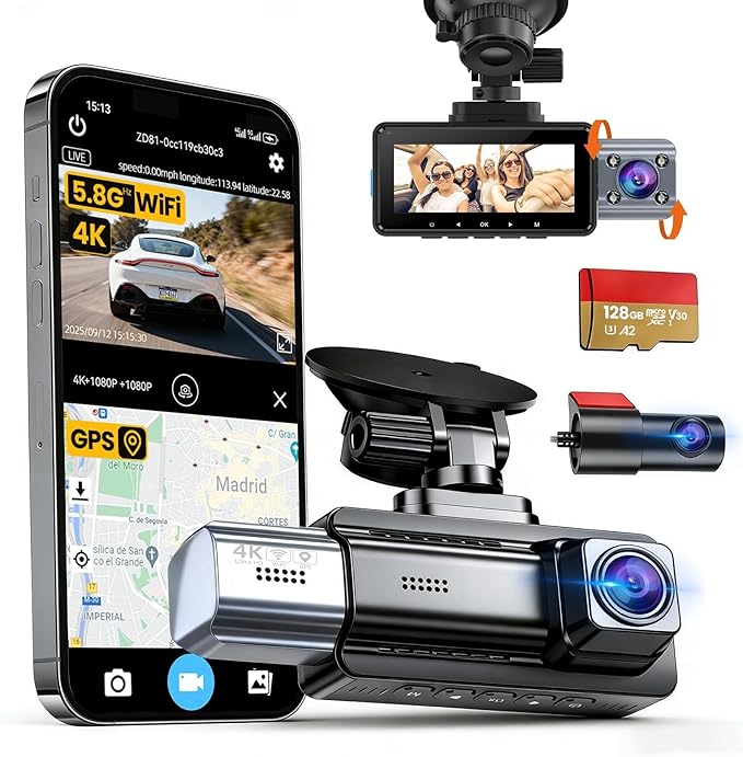 JIMIMAX 4K+1080P+1080P 3 Channel Dash Cam Front and Rear with Cabin, Free 128GB Card Included, 5.8GHz WIFI6 Dash Camera, IR Night Vision, Built-in GPS, G-Sensor, 24H Parking Mode, Support 512GB Max