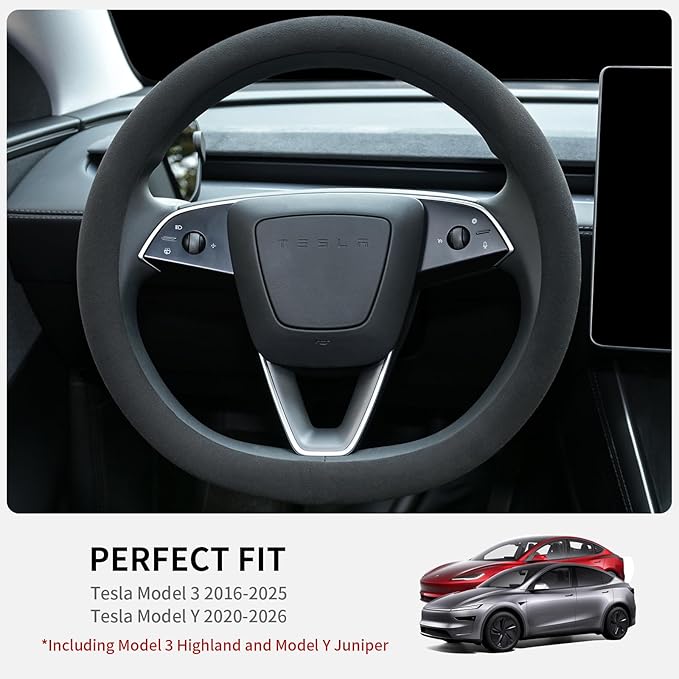Uxcer Suede Steering Wheel Cover for Tesla Model 3/Y 2016-2025 2026 Juniper/Highland, Non-Slip Breathable Tesla Model 3/Y Steering Wheel Protector, Black