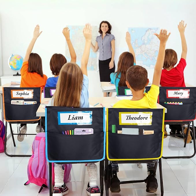 AZKAQA Chair Pockets for Classroom 15.6x16.8 Inch - 12 Pack Chairback Buddy Pocket Chart Seat Back Organizer Student Storage with Lable Slot for Classroom Kindergarten School Home (Multicolors)