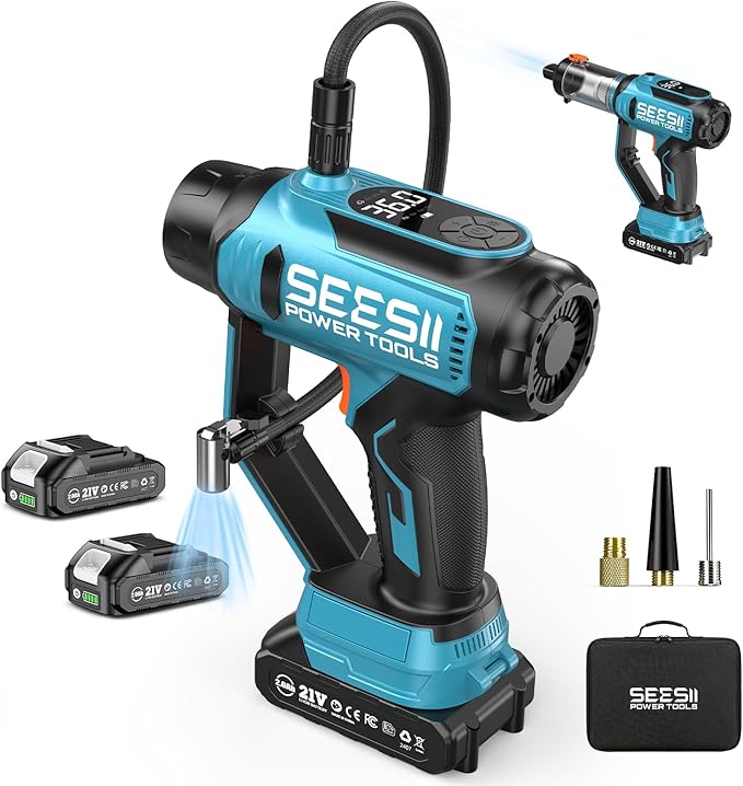 SEESII 2-IN-1 Tire Inflator & Car Vacuum with 2×2000mAh Batteries, 150PSI Rapid Portable Air Compressor, 20000Pa Suction, 21V Cordless Air Pump, Digital Gauge, LED Light for Car, Ball, Bike, Home