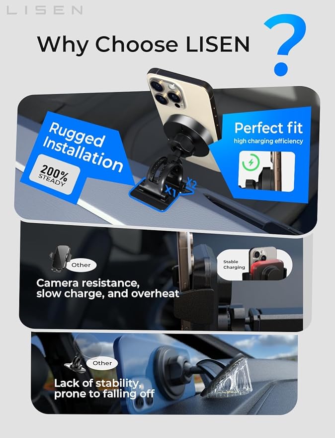 LISEN for 15W MagSafe Car Mount Charger,MagSafe Charger,Wireless Car Charger,Magnetic Phone Holder for Car,Phone Holders for Your Car Accessories for Women Men Jeep Ford F150 for iPhone 17-12,Samsung