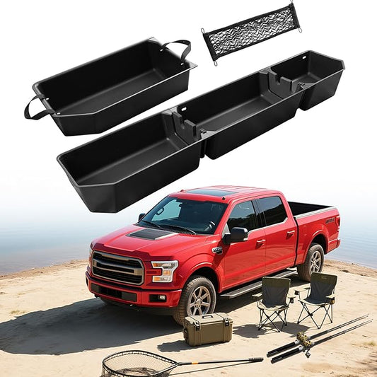 DiffCar® Truck Underseat Storage for Ford F150: 2015-2026 SuperCrew/Crew Cab, Rear Under Seat Organizer Tool Box Car Accessories for Ford F-150 F250 F350 F450 F550 Super Duty(w/Detach Bin & Mesh Net)