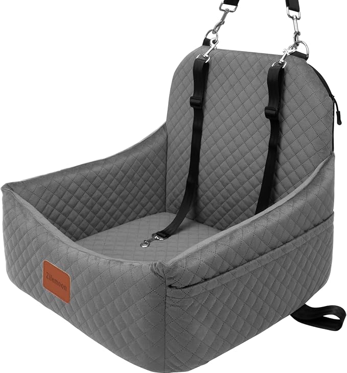 Car Dog Seat with 2 Safety Leashes,Dog Booster Seat for Small Medium Dogs 0-28lbs,Pet Car Travel Safety Bed with Storage Pockets,Non-Slip Bottom,Fully Detachable and Easy to Install(S1-Grey)