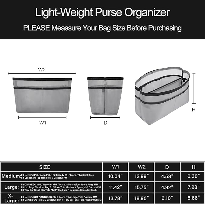 ZTUJO Purse Organizer Insert For Handbags,Mesh Bag Organizer Insert With Zipper Bag Tote Shaper Fit Speedy Neverful PM MM le Pliage,Light Weight (Grey, Large)