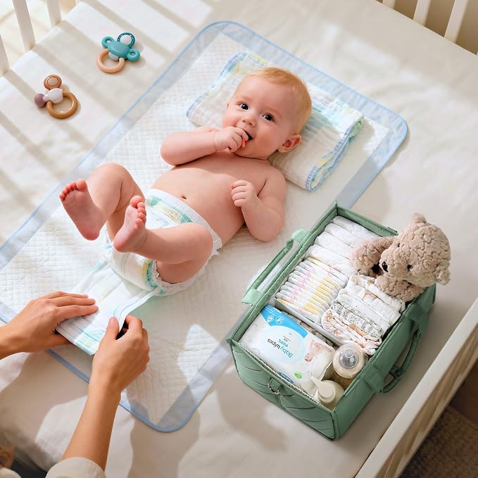 Baby Essentials Diaper Caddy Organizer – Portable Storage Basket with Shoulder Strap & Stroller Hooks, Splashproof Quilted Nursery & Car Tote, Gender Neutral Gifts for Baby Shower, Sage Green