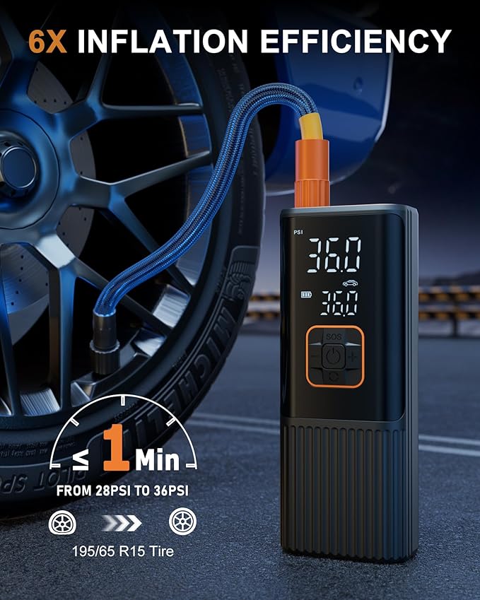 Tire Inflator Portable Air Compressor, 180 PSI Portable Air Compressor, 6X Faster Tire Inflator for Car, Air Pump for Car Tires, Motor, Bicycle, Balls and More-Dark Black
