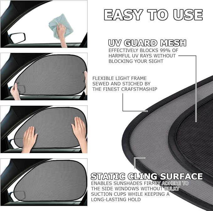 VaygWay Baby Window Sun Shade- Car Accessories Side Sun Visor- Kids Pets Seat Sun Glare UV Rays Protection (4 Pack Side Window Sunshade)