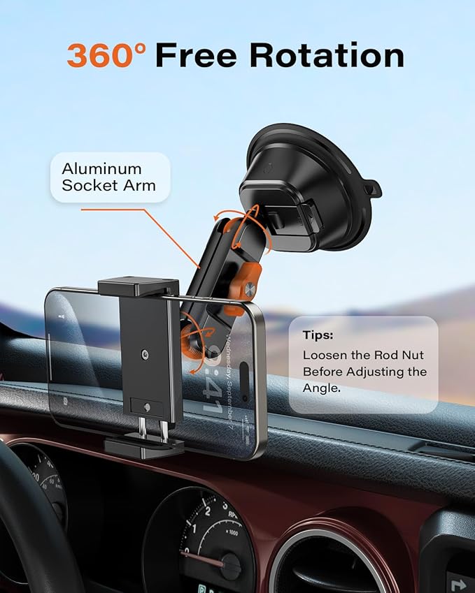 A2C Heavy Duty Suction Cup Phone Mount with Aluminum Alloy Arm & Clamp, 66LBS Vacuum Suction Phone Mount for Windshield Dashboard, Universal Car Phone Holder for All Phones Fit Jeep Wrangler, F150