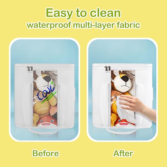 2PCS Toy Cube Storage Bin: Kids Building Blocks Organizer Bag with Zipper Lid & Handles, Clear Foldable Car Toy Container Box for Cubby Shelves, White Small Basket for Living Room, Closet, Playroom