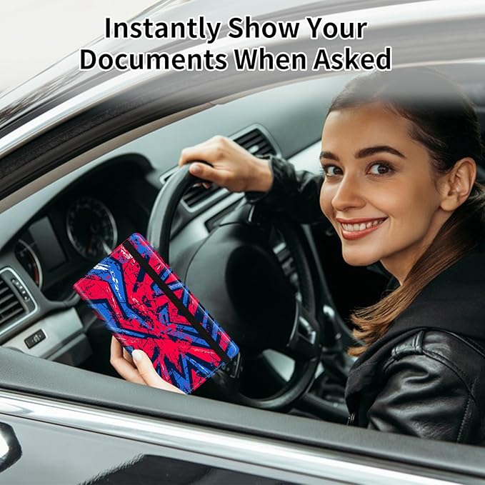 Car Registration and Insurance Card Holder, Vehicle License Documents Glove Box Compartment Organizer Wallet, ID Card Holder for Car Essentials Automobile, Red Blue Abstract