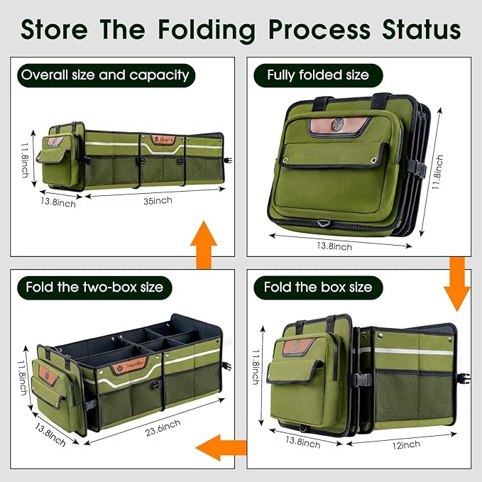 Car Trunk Organizer for SUV, Heavy Duty Waterproof Trunk Organizer, Foldable Collapsible Car Organizer with Cooler, Multi-Compartment Large Trunk Organizer (95L), Green-M003