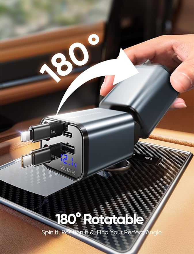 MAGIC JOHN Retractable Car Charger, 4 in 1 Fast Charging Car Phone Charger, 69W USB-C Car Truck Accessories, Travel Essentials Gifts for Women Men, for iPhone 17 ProMax/16/15/14/13/12, Samsung Galaxy