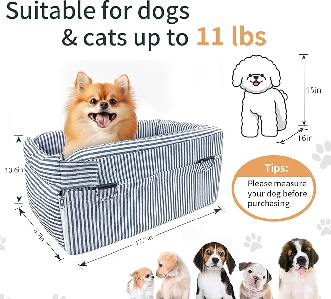 Dog Car Seats for Small Dogs, Puppy Car Seat Under 15 lbs, Small Dog Bed for Travel, Elevated Pet Seat with Safety Belt, Non-Slip Base, and Storage Pockets (Navy)