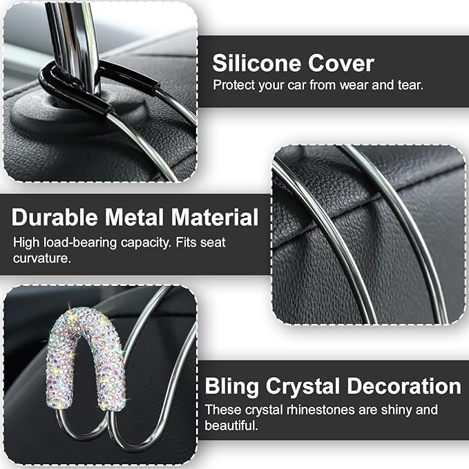 Soleebee 2 Pack Bling Car Headrest Hooks Crystal Rhinestones Universal Car Seat Hook Auto Hook Durable Car Back Seat Hangers Storage Organizer (AB Color)