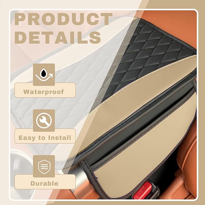 Leather Car Center Console Cover with Side Pockets, Upgraded Arm Rest Cover for Car Seat Organizer, Middle Console Cover Stylish Car Decoration, Universal for Most Vehicles (Beige)