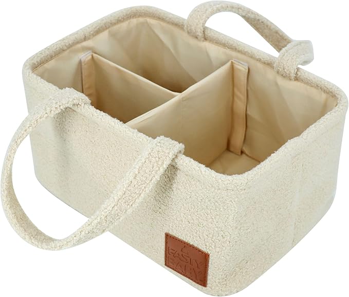 Baby Diaper Caddy Organizer: Soft Beige Teddy Wool - Portable Diaper Caddy, Car Organizer - Newborn Essentials Must Have - Nursery Storage Basket for Baby Essentials. Baby shower & Newborn Gift Idea