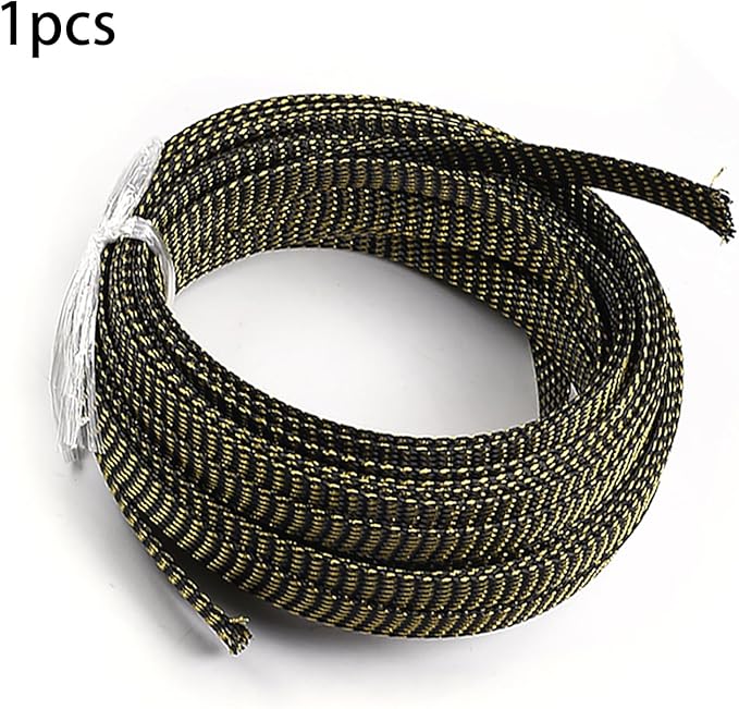 Aicosineg 32.81ft PET Flexible Braided Cable Sleeve 0.44inch Width Wire Loom Sleeving and Organizer Flexible Wire Mesh Sleeve Wrap Protector for TV Audio PC Cords from Pets Chewing Black and Gold