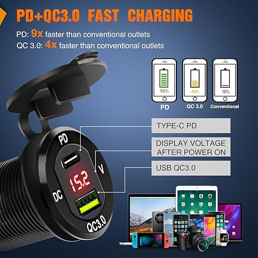 Nilight 4 Gang Rocker Switch Box 12V SPST ON Off Toggle Switches PD Type C and QC 3.0 USB Charger Voltmeter LED Light Waterproof Aluminum Mount Bracket Panel DIY Stickers for Boat Car RV Truck
