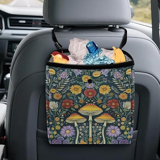 Retro Mushroom Daisy Floral Print Car Trash Bag Hanging, Garbage Bag and Water Resistant Trash Can for Car, Leakproof Trash Can for SUV Truck Car Accessories