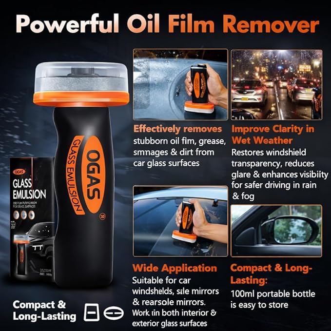Glass Oil Film Remover for Car, 100ml Roll-On Glass Compound with Cleaning Board, Removes Oil Film & Smudges, Improve Windshield Clarity for Safe Driving
