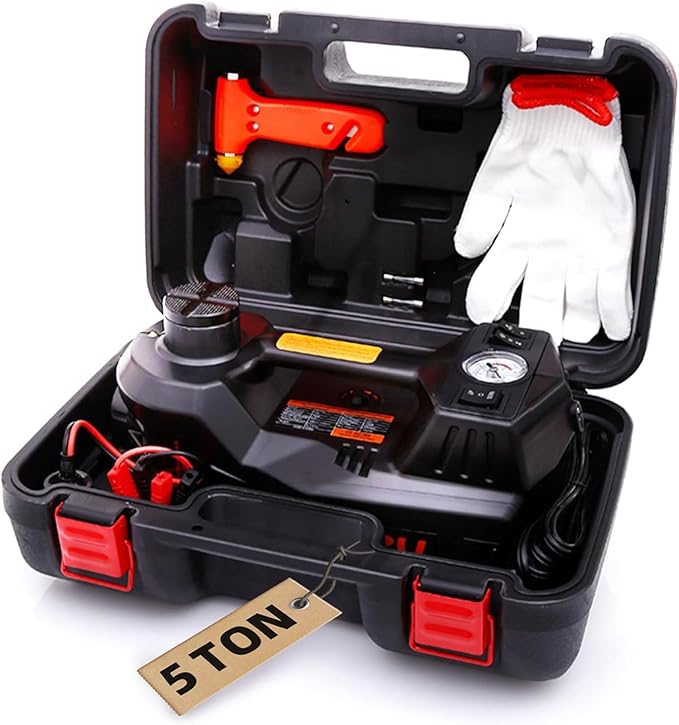 STANDTALL Electric Car Jack Quick Lifting Safe and Portable with Tire Inflator and LED Light Complete Set of Accessories 12V Hydraulic Floor Jack