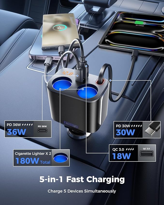 180W Cigarette Lighter Splitter w/Retractable 36W USB-C Cable, SUPERONE 2-Socket Cigarette Lighter Adapter with QC3.0 Car Charger Splitter for GPS/Dash Cam/Laptop/iPad/iPhone 17/16/15/14/13/12/11