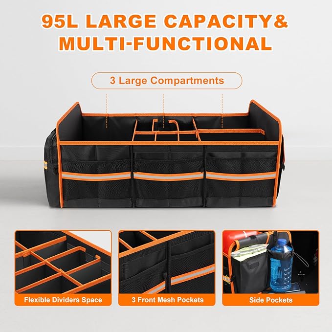 95L Car Trunk Organizer with Removable Cooler Bag, Collapsible Trunk Storage Organizer with Removable Lid - Multi Compartment Waterproof Storage Organization, Fits Most Car, Truck, Orange