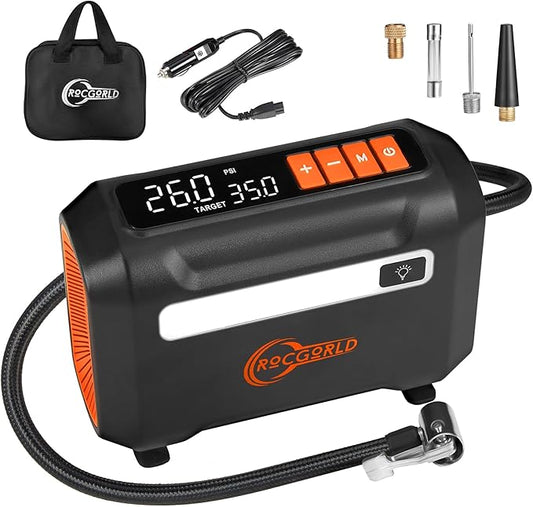 ROCGORLD R8 Tire Inflator Portable Air Compressor, DC 12V Air Compressor for Car with Large Dual Digital Screen, 3X Faster Inflation Air Pump for Car Tires, Bike, Ball, Motor - Car Accessories