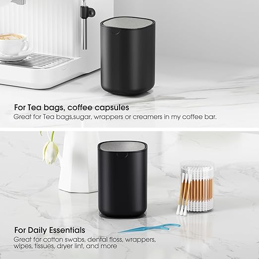 CEROELDA Mini Desk Trash Can with Swing-Top Lid, 0.4 Gallon Small Round Wastebasket, Black, for Office, Home, Car (Black)