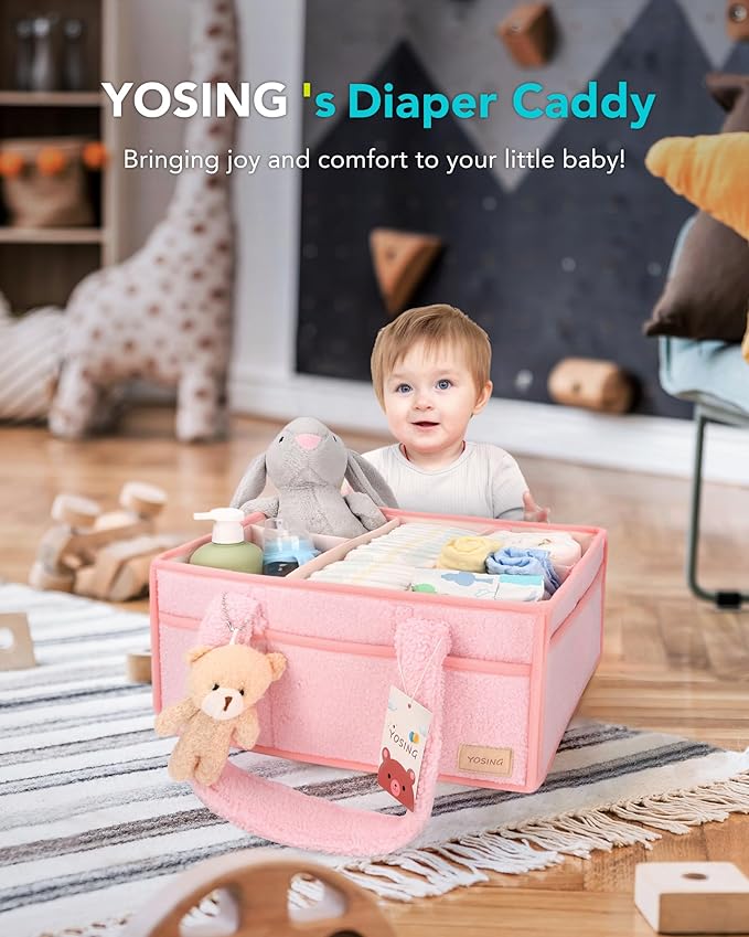 YOSING Cute and Playful Pink Diaper Caddy Organizer, 13 Compartments, Adjustable, Baby Diaper Caddy for Car, Changing Table, Nursery Storage, Car Organizer for Diapers and Baby Wipes