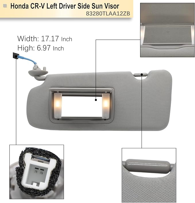 NHILES Driver Left Side Sun Visor Compatible with Honda CRV 2017 2018 2019 2020 2021 2022 Sunshade Number 83280TLAA12ZB Color: Gray