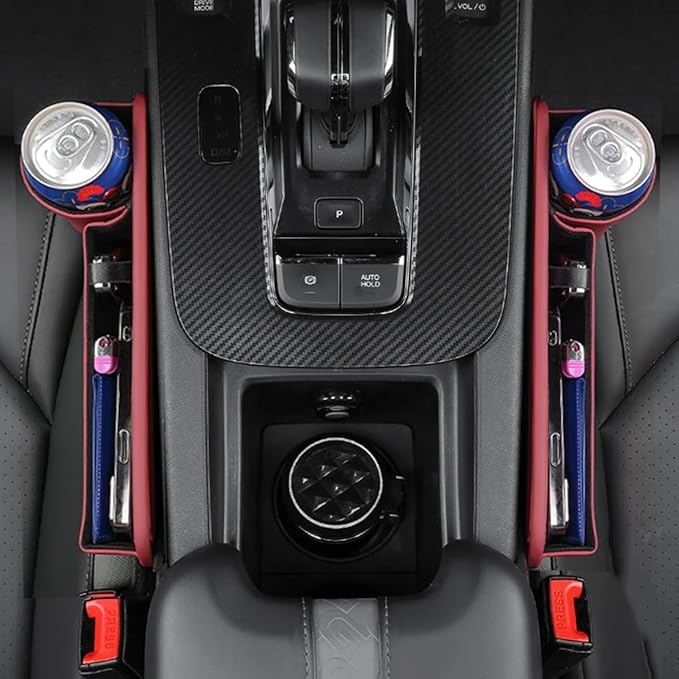 Car Leather Cup Holder Gap Bag, Car Seat Gap Filler Organizer with Cup Holder, Car Storage Organizer Front Seat, Suitable of Cars (2 Pack Red)