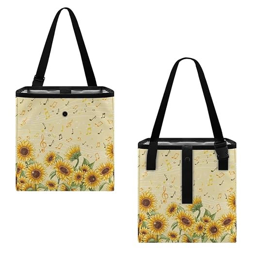 Sunflower Music Notes Pattern Car Trash Can Leakproof Trash Bin Car Garbage Can Hanging Water-Resistant Collapsible Auto Trash Bag Car Accessories for Women Men