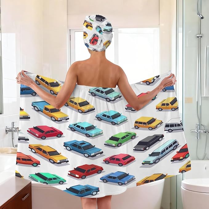 Women Bath Wrap Hair Towel Drying Cap Set Colorful Cars Pattern Soft Absorbent Bathrobe Shower Wraps with Adjustable Closure Spa Bath Robe