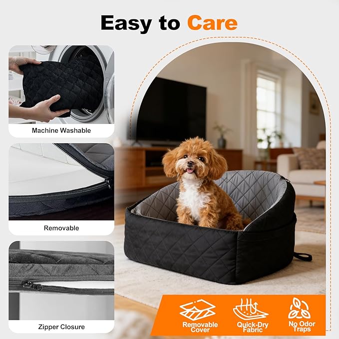 Dog Car Seat for Small Medium Dogs, Dog Booster Seat Travel Bed for Small Dogs up to 30 lbs, for Front/Back Seats – Washable Pet Car Seat with 2 Pockets (Black/Gray)